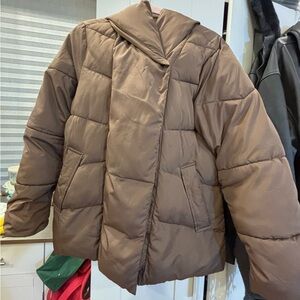 LUCKY BRAND Puffer Hoodie Jacket Missy Pillow Brown Slash Pockets Long Sleeve